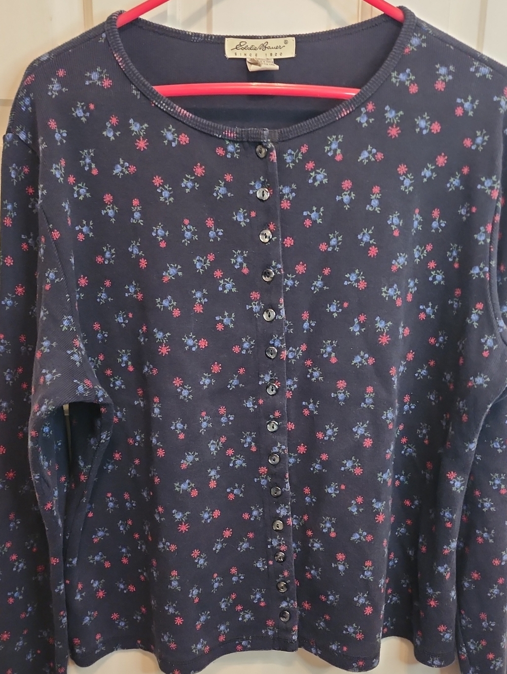 Eddie Bauer Cotton Knit Black Long Sleeve Floral Button-Up Sweater